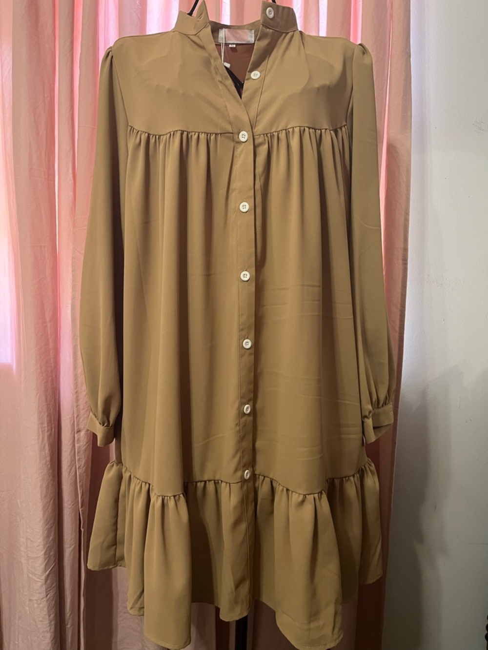 Ruffle-Hem Button-Front Long Sleeve Dress in Camel